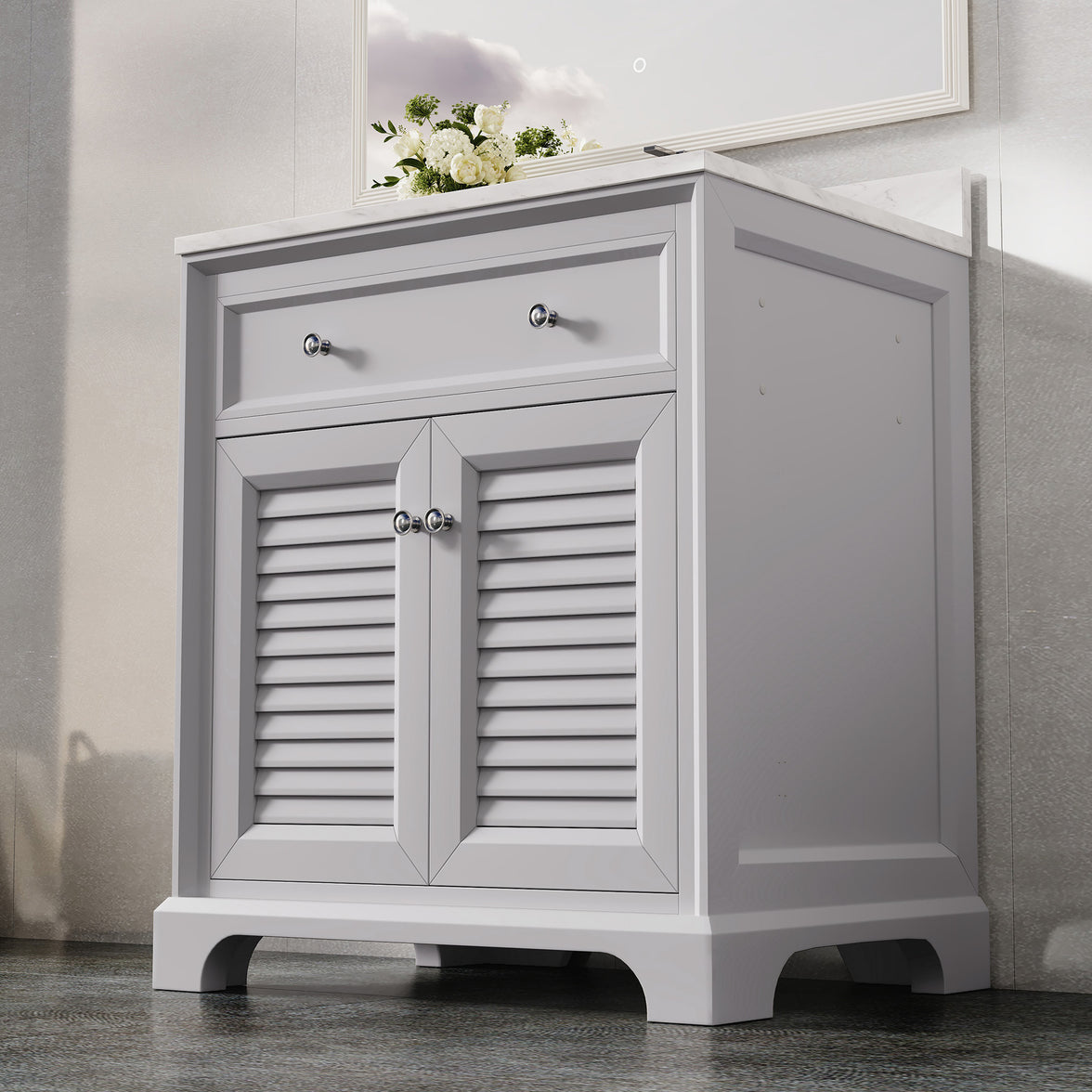 Coastal 28" Freestanding Bathroom Vanity with Louvered Cabinet Door and Engineered Marble Top, Fully Assembled