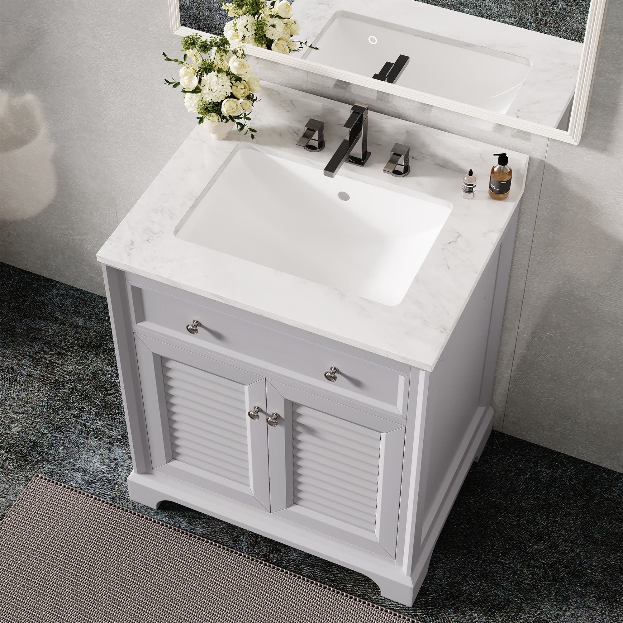 Coastal 28" Freestanding Bathroom Vanity with Louvered Cabinet Door and Engineered Marble Top, Fully Assembled