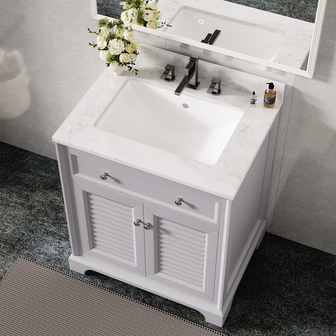 Coastal 28" Freestanding Bathroom Vanity with Louvered Cabinet Door and Engineered Marble Top, Fully Assembled
