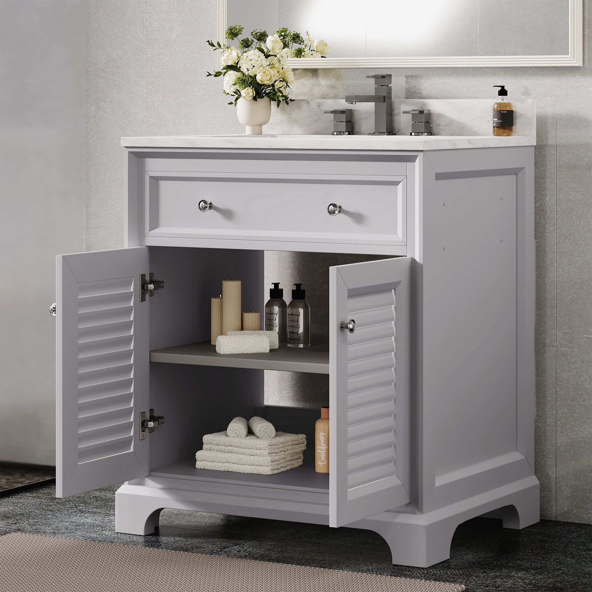 Coastal 28" Freestanding Bathroom Vanity with Louvered Cabinet Door and Engineered Marble Top, Fully Assembled