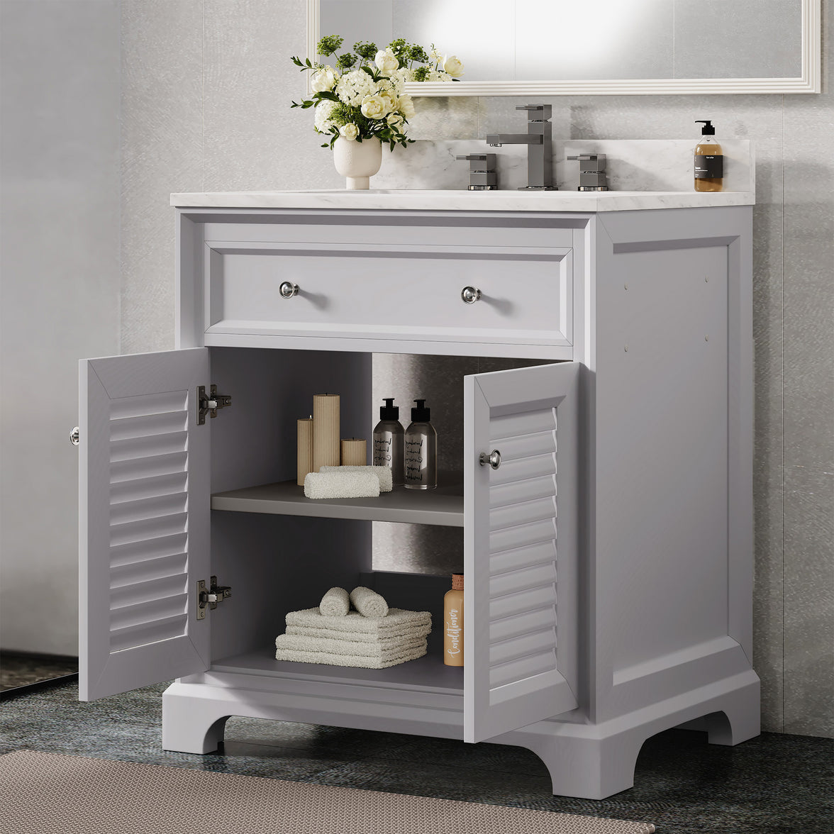 Coastal 28" Freestanding Bathroom Vanity with Louvered Cabinet Door and Engineered Marble Top, Fully Assembled