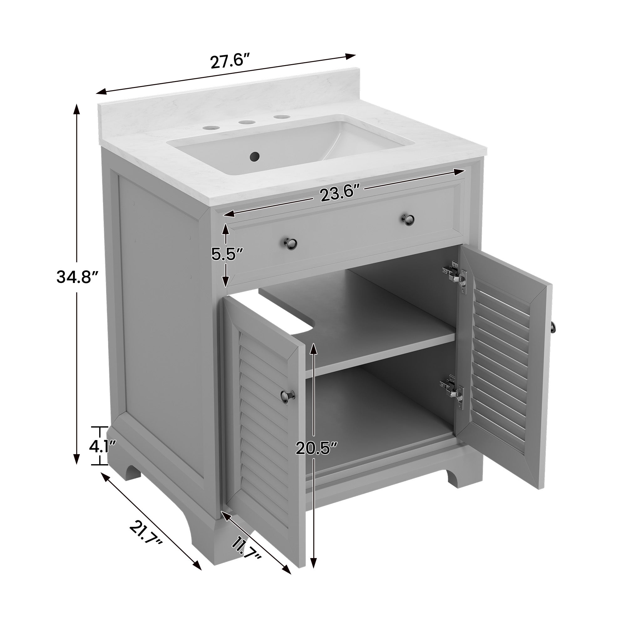 Coastal 28" Freestanding Bathroom Vanity with Louvered Cabinet Door and Engineered Marble Top, Fully Assembled
