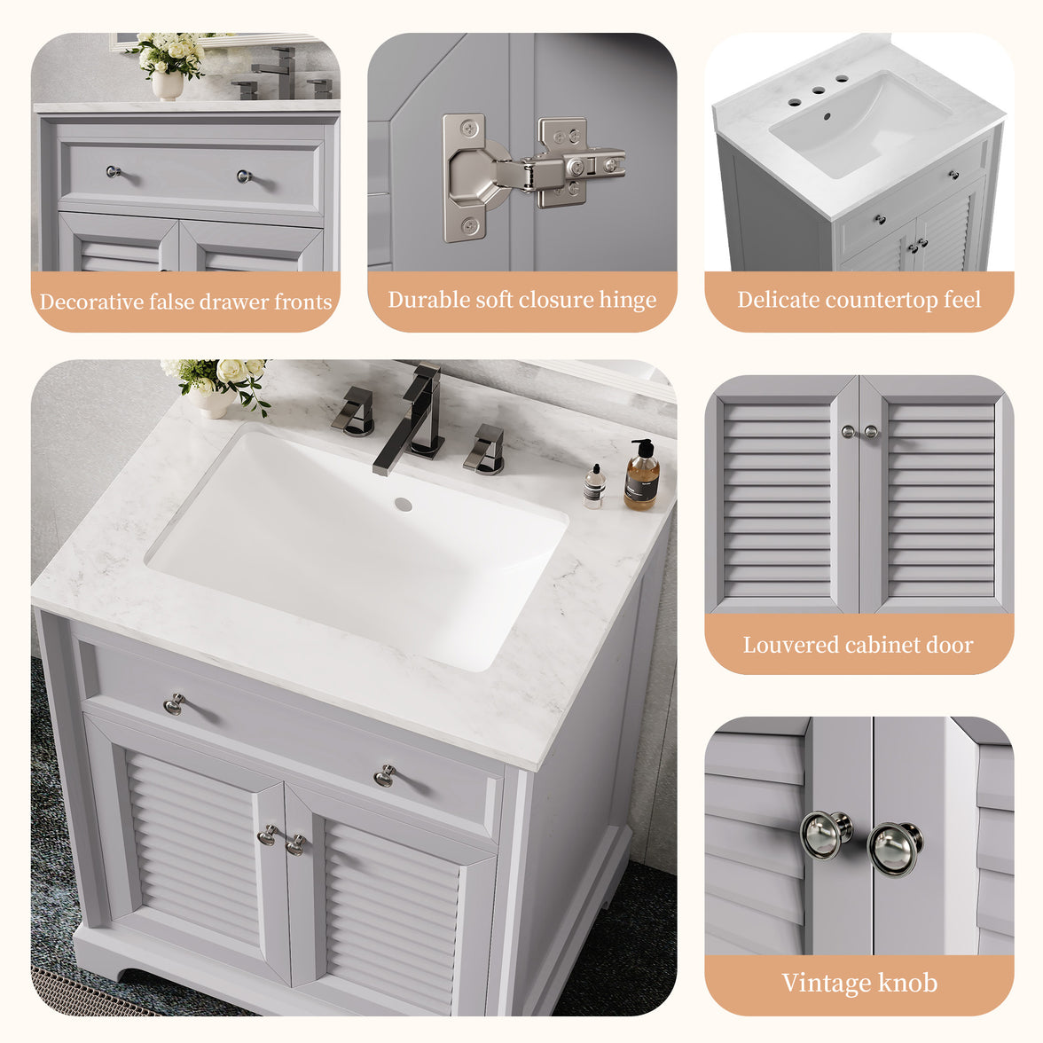 Coastal 28" Freestanding Bathroom Vanity with Louvered Cabinet Door and Engineered Marble Top, Fully Assembled