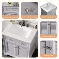 Coastal 28" Freestanding Bathroom Vanity with Louvered Cabinet Door and Engineered Marble Top, Fully Assembled