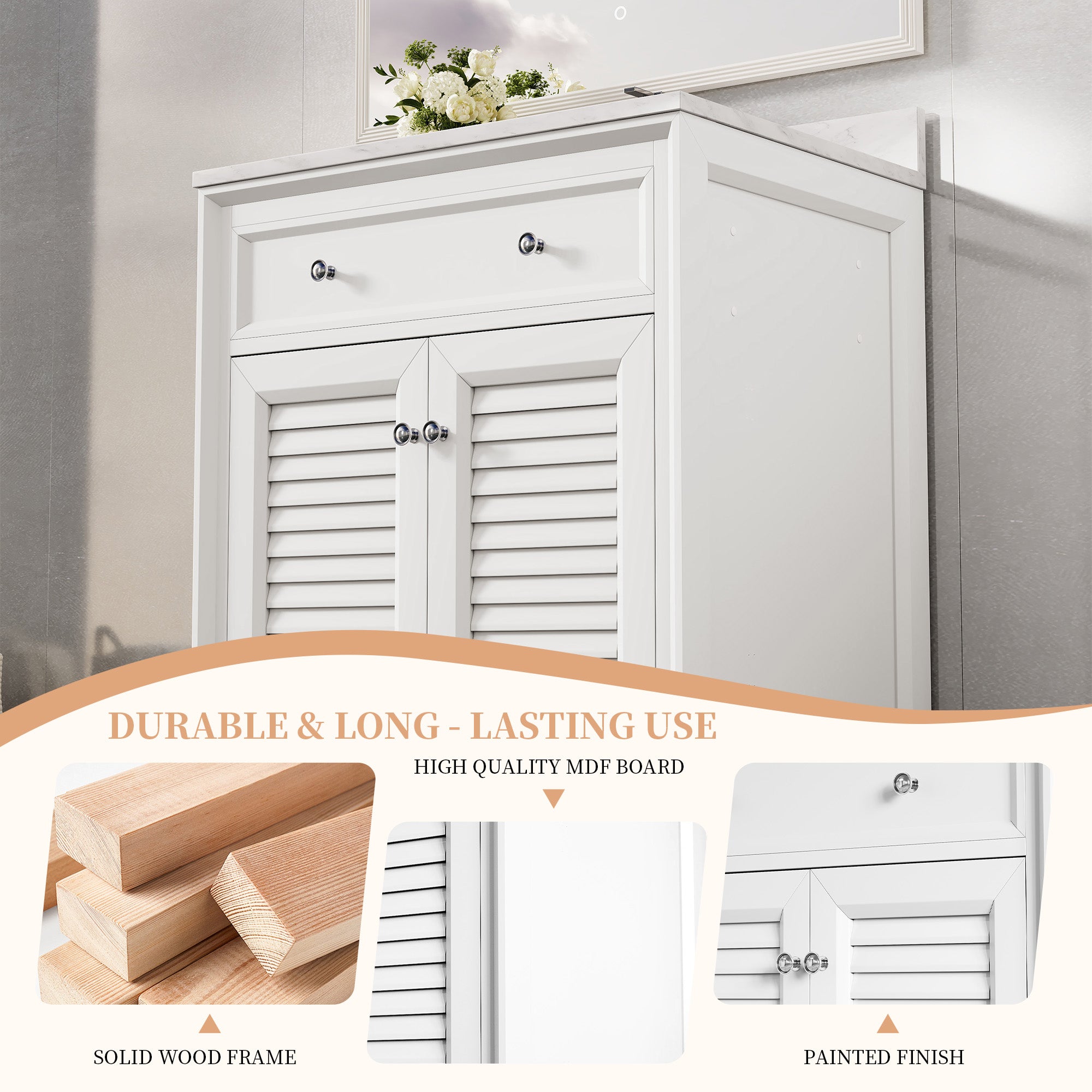 Coastal 28" Freestanding Bathroom Vanity with Louvered Cabinet Door and Engineered Marble Top, Fully Assembled