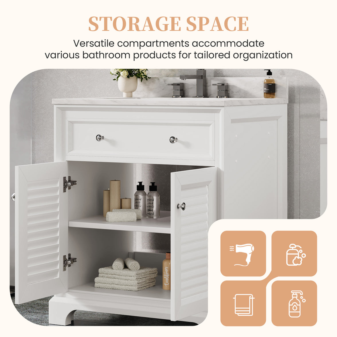 Coastal 28" Freestanding Bathroom Vanity with Louvered Cabinet Door and Engineered Marble Top, Fully Assembled