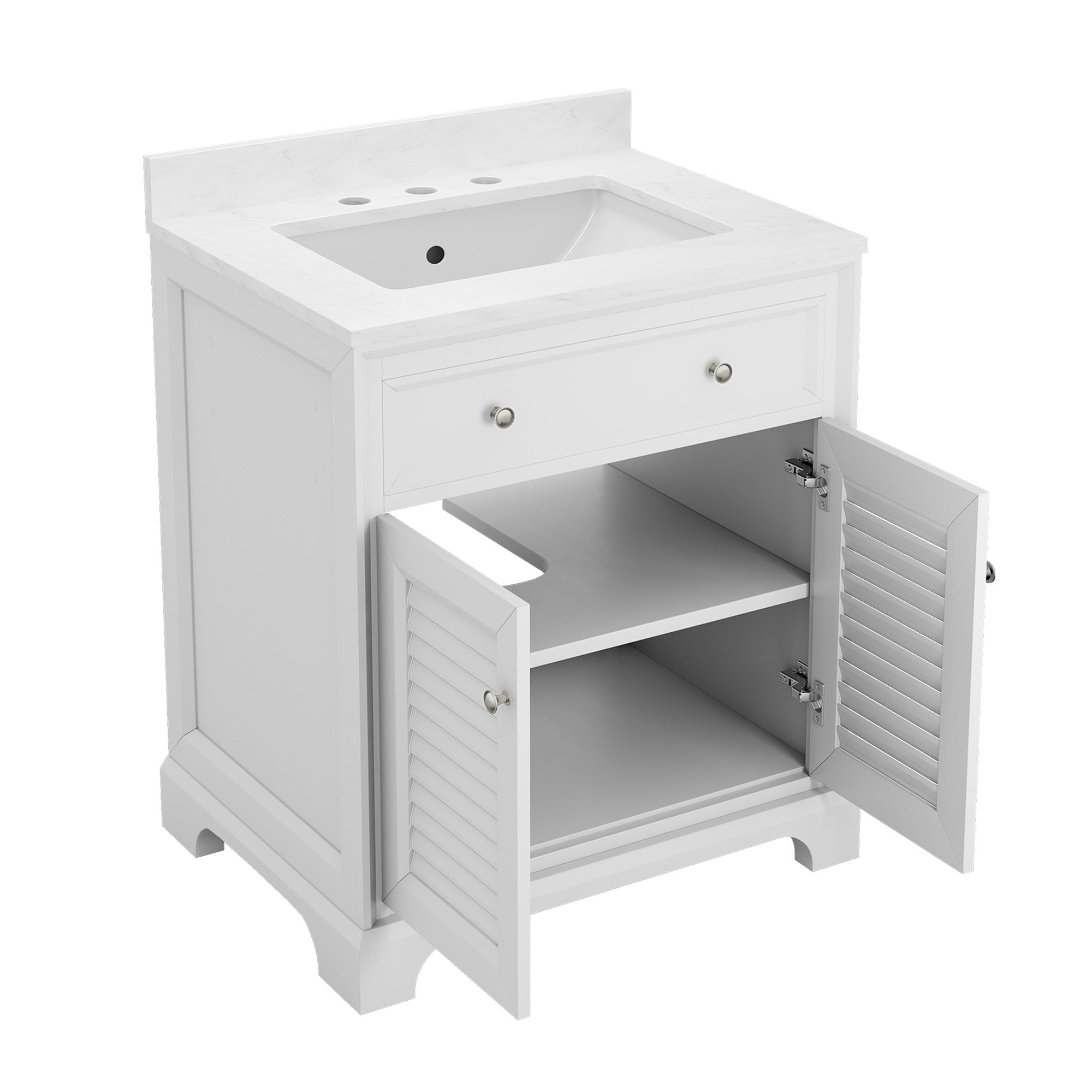 Coastal 28" Freestanding Bathroom Vanity with Louvered Cabinet Door and Engineered Marble Top, Fully Assembled