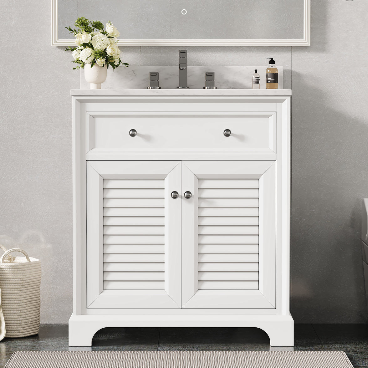 Coastal 28" Freestanding Bathroom Vanity with Louvered Cabinet Door and Engineered Marble Top, Fully Assembled