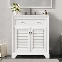 Coastal 28" Freestanding Bathroom Vanity with Louvered Cabinet Door and Engineered Marble Top, Fully Assembled