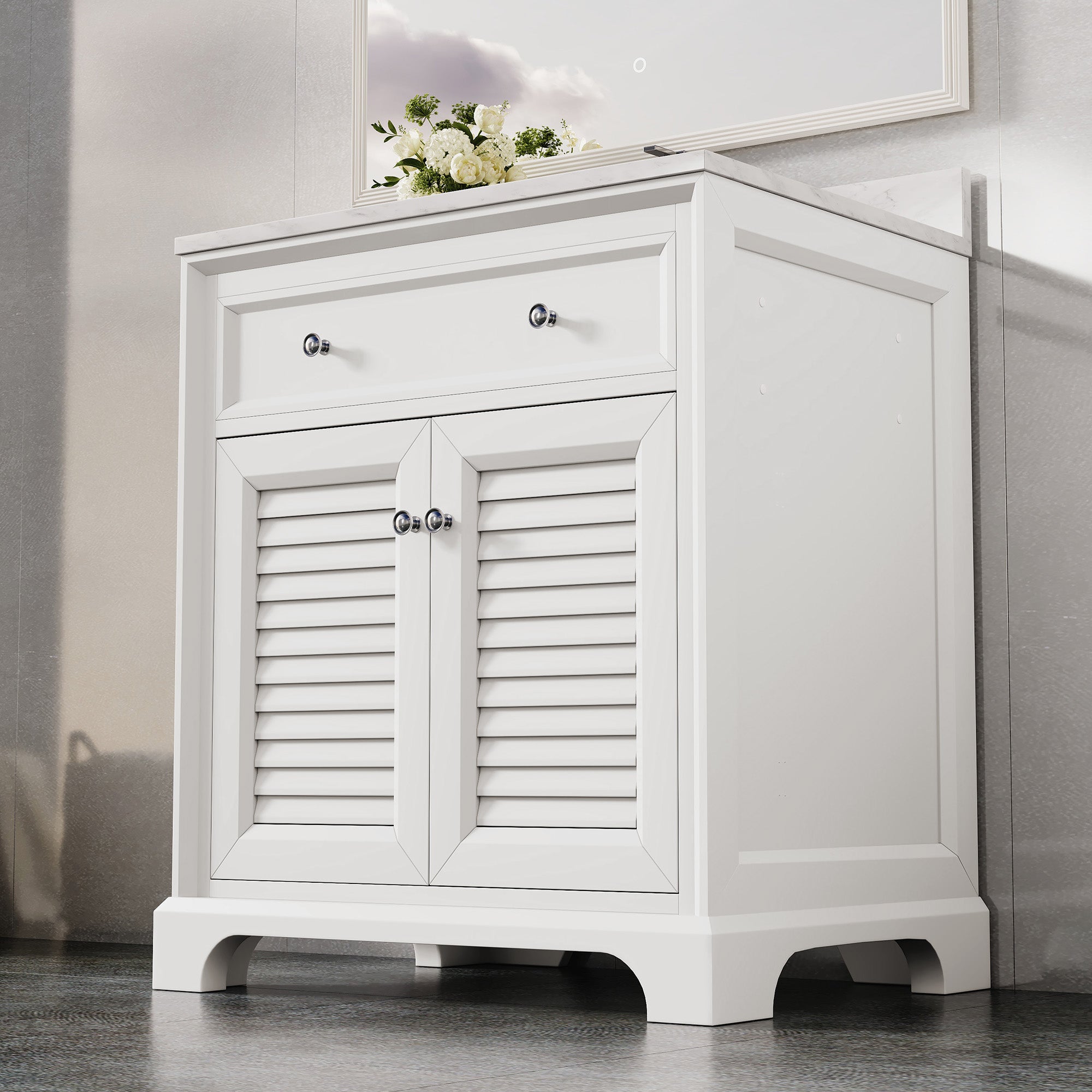 Coastal 28" Freestanding Bathroom Vanity with Louvered Cabinet Door and Engineered Marble Top, Fully Assembled