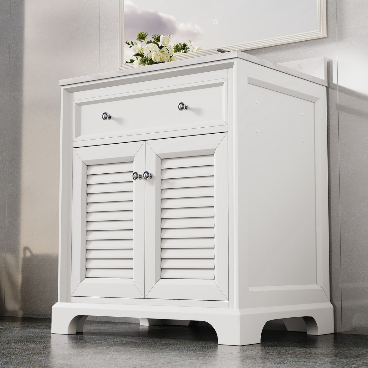 Coastal 28" Freestanding Bathroom Vanity with Louvered Cabinet Door and Engineered Marble Top, Fully Assembled