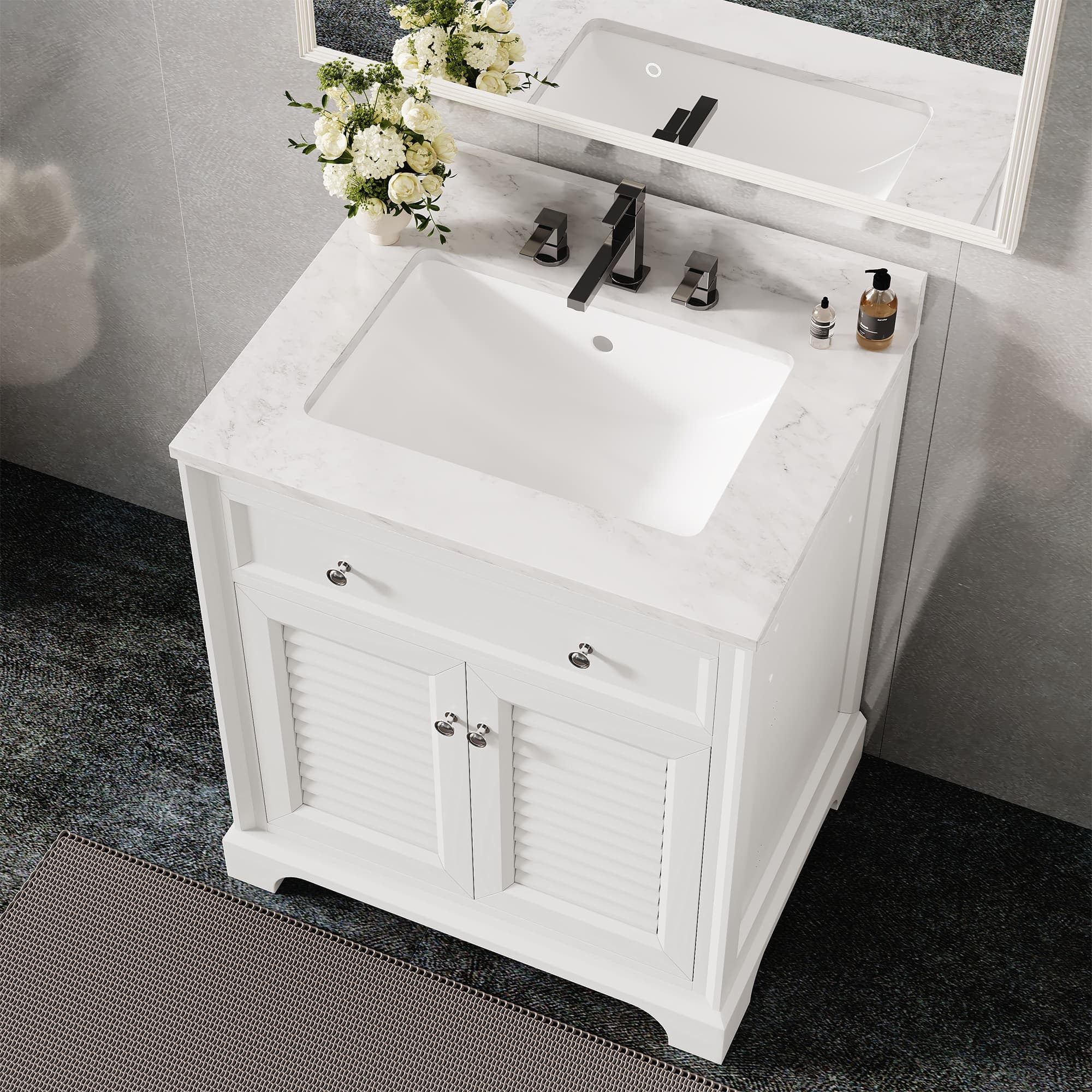 Coastal 28" Freestanding Bathroom Vanity with Louvered Cabinet Door and Engineered Marble Top, Fully Assembled