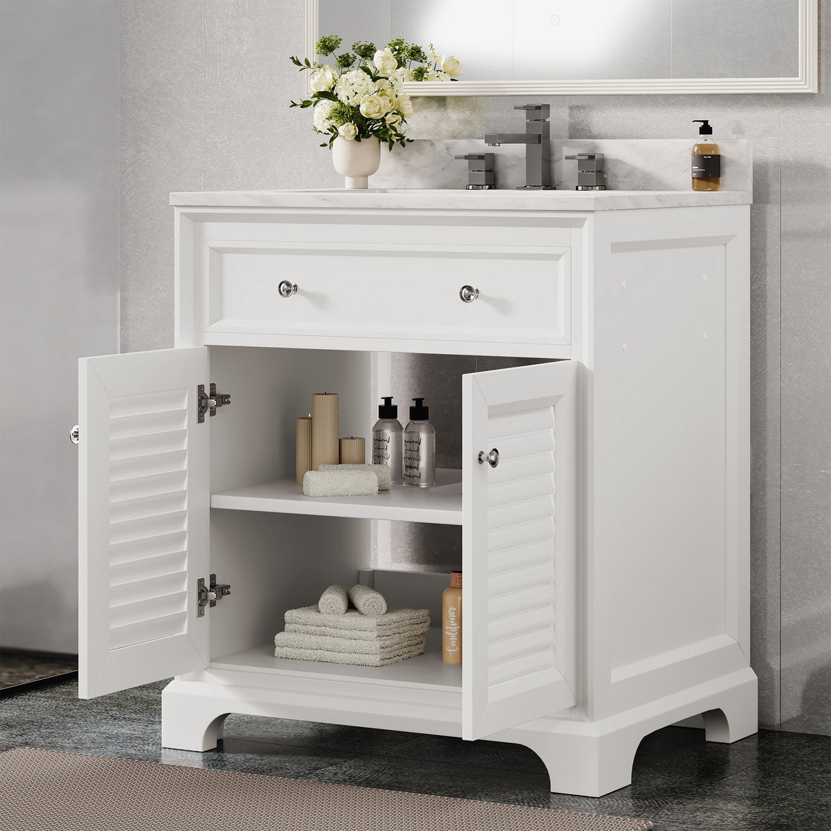 Coastal 28" Freestanding Bathroom Vanity with Louvered Cabinet Door and Engineered Marble Top, Fully Assembled