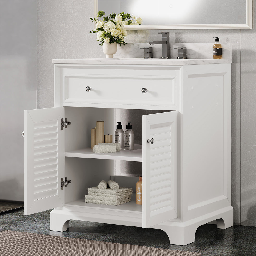 Coastal 28" Freestanding Bathroom Vanity with Louvered Cabinet Door and Engineered Marble Top, Fully Assembled