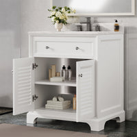 Coastal 28" Freestanding Bathroom Vanity with Louvered Cabinet Door and Engineered Marble Top, Fully Assembled