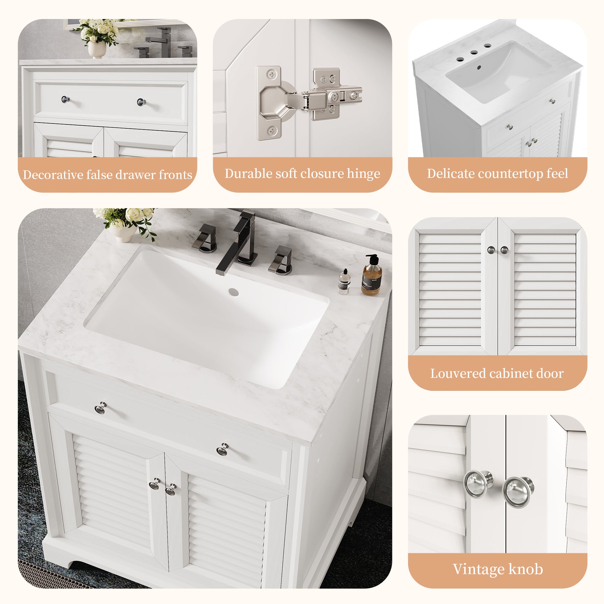 Coastal 28" Freestanding Bathroom Vanity with Louvered Cabinet Door and Engineered Marble Top, Fully Assembled