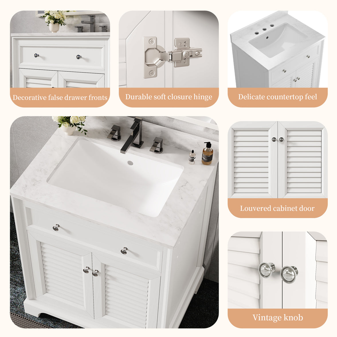 Coastal 28" Freestanding Bathroom Vanity with Louvered Cabinet Door and Engineered Marble Top, Fully Assembled