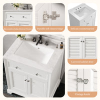 Coastal 28" Freestanding Bathroom Vanity with Louvered Cabinet Door and Engineered Marble Top, Fully Assembled