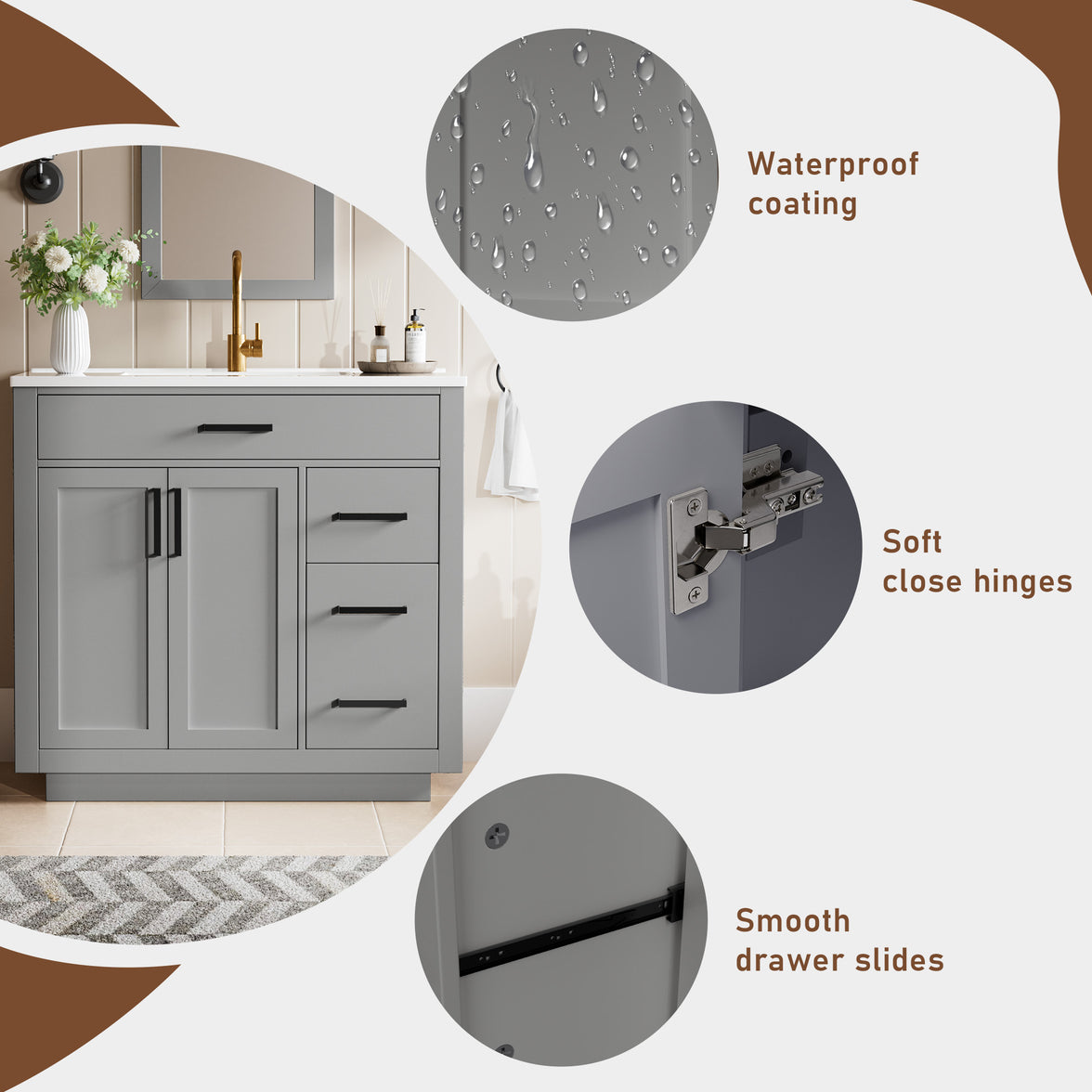 Madison 36" Freestanding Bathroom Vanity with White Ceramic Top, Soft-Close Drawers and Tip-Out Storage