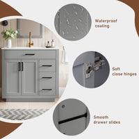 Madison 36" Freestanding Bathroom Vanity with White Ceramic Top, Soft-Close Drawers and Tip-Out Storage