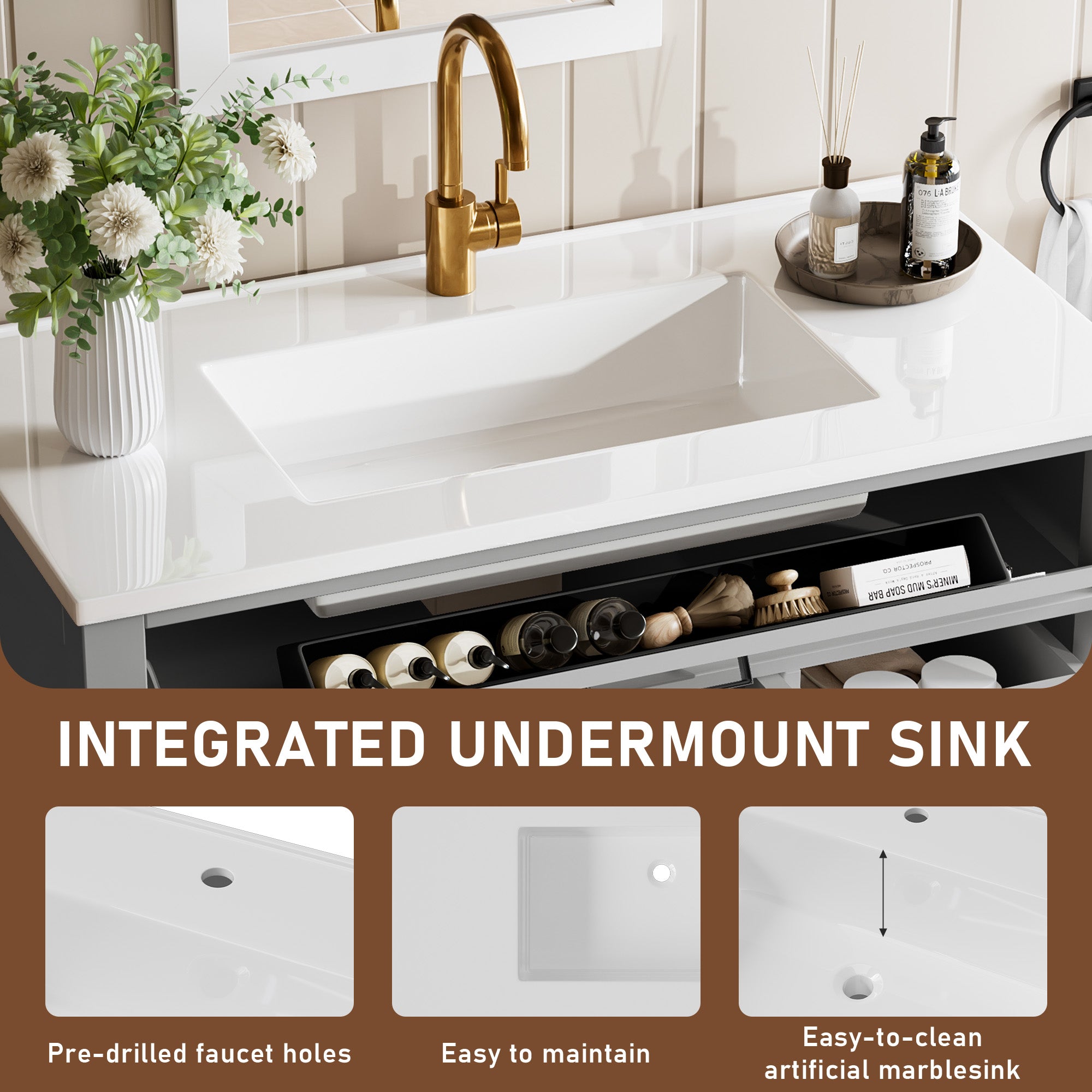 Madison 36" Freestanding Bathroom Vanity with White Ceramic Top, Soft-Close Drawers and Tip-Out Storage