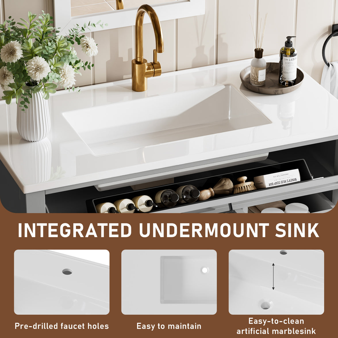 Madison 36" Freestanding Bathroom Vanity with White Ceramic Top, Soft-Close Drawers and Tip-Out Storage