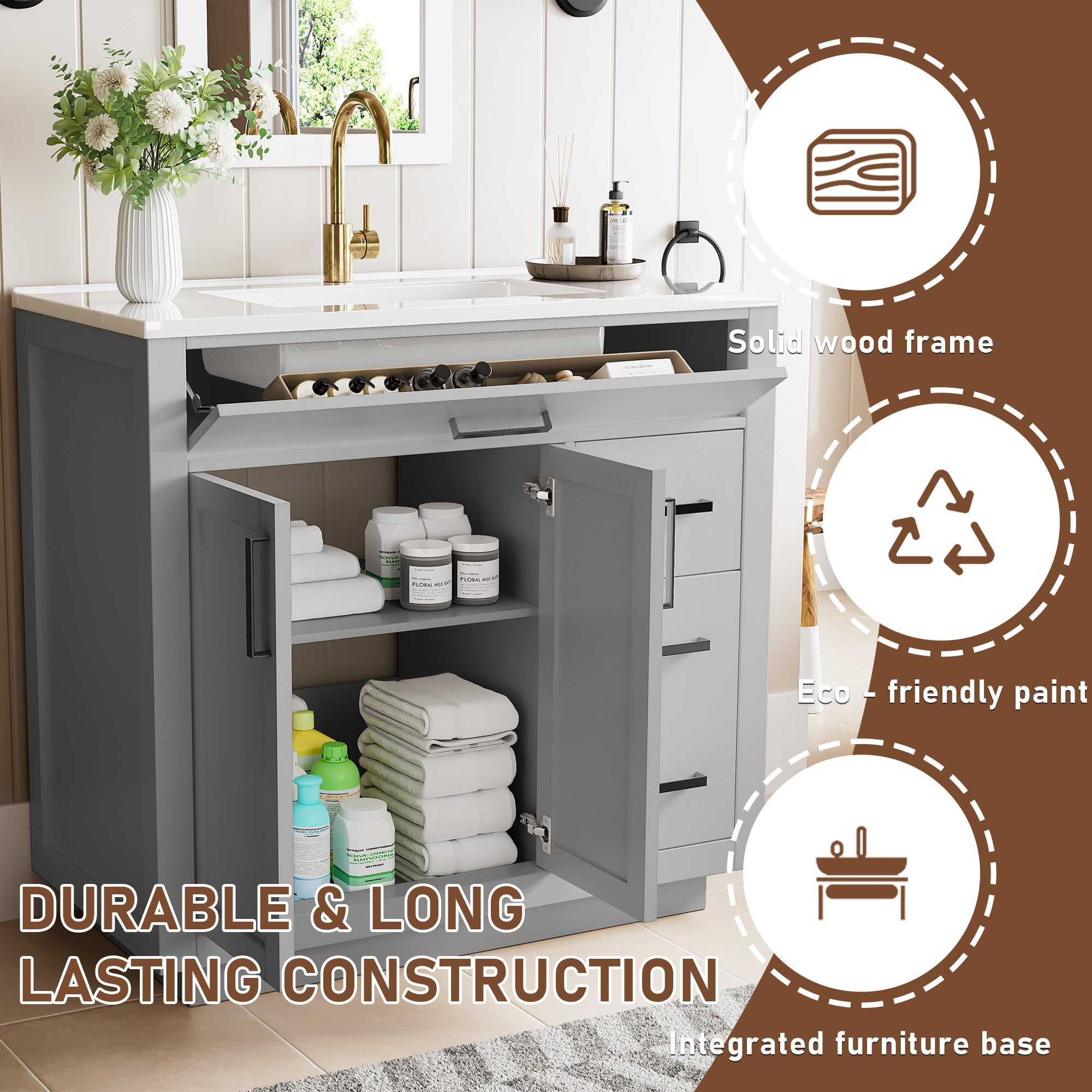 Madison 36" Freestanding Bathroom Vanity with White Ceramic Top, Soft-Close Drawers and Tip-Out Storage