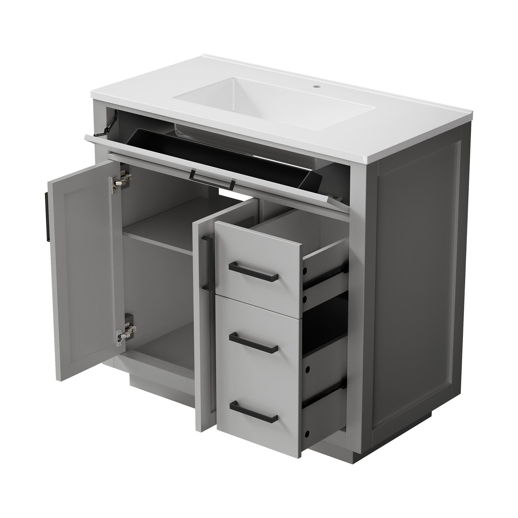 Madison 36" Freestanding Bathroom Vanity with White Ceramic Top, Soft-Close Drawers and Tip-Out Storage