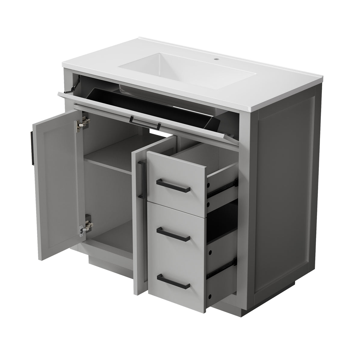 Madison 36" Freestanding Bathroom Vanity with White Ceramic Top, Soft-Close Drawers and Tip-Out Storage