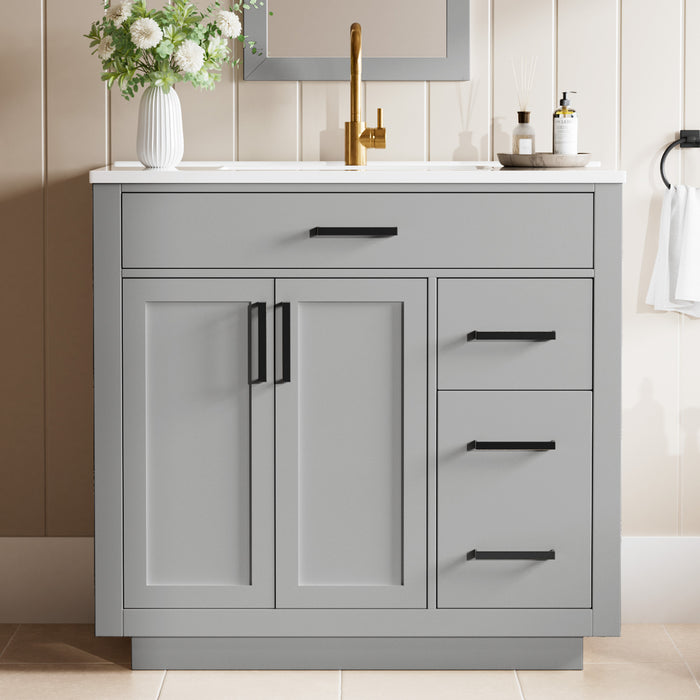 Madison 36" Freestanding Bathroom Vanity with White Ceramic Top, Soft-Close Drawers and Tip-Out Storage