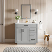 Madison 36" Freestanding Bathroom Vanity with White Ceramic Top, Soft-Close Drawers and Tip-Out Storage