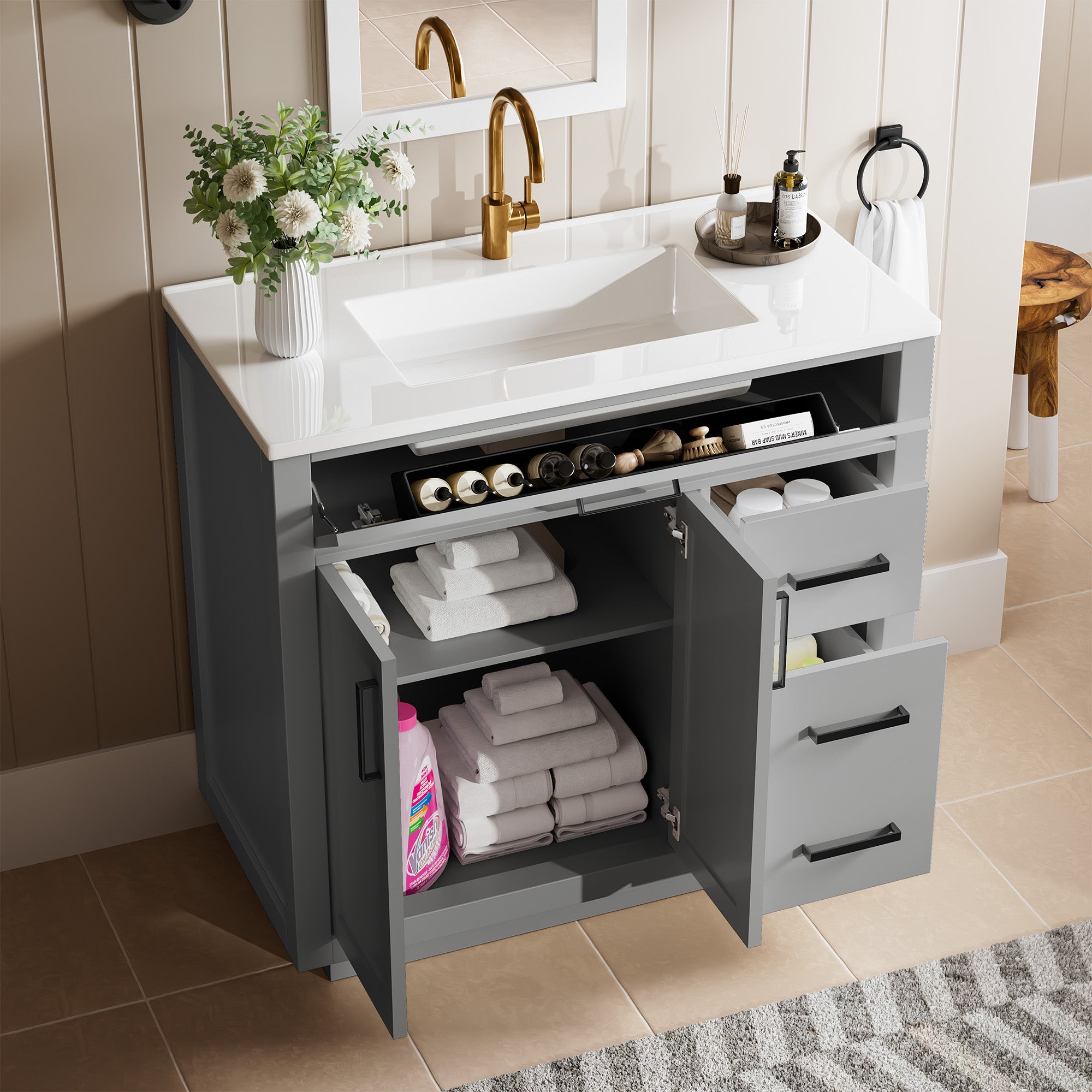 Madison 36" Freestanding Bathroom Vanity with White Ceramic Top, Soft-Close Drawers and Tip-Out Storage