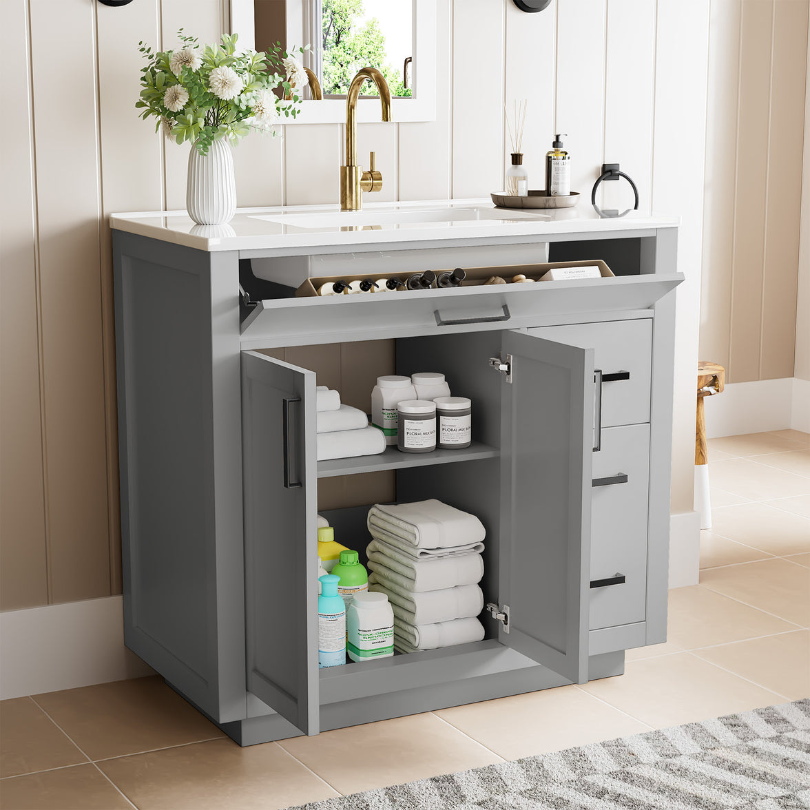 Madison 36" Freestanding Bathroom Vanity with White Ceramic Top, Soft-Close Drawers and Tip-Out Storage