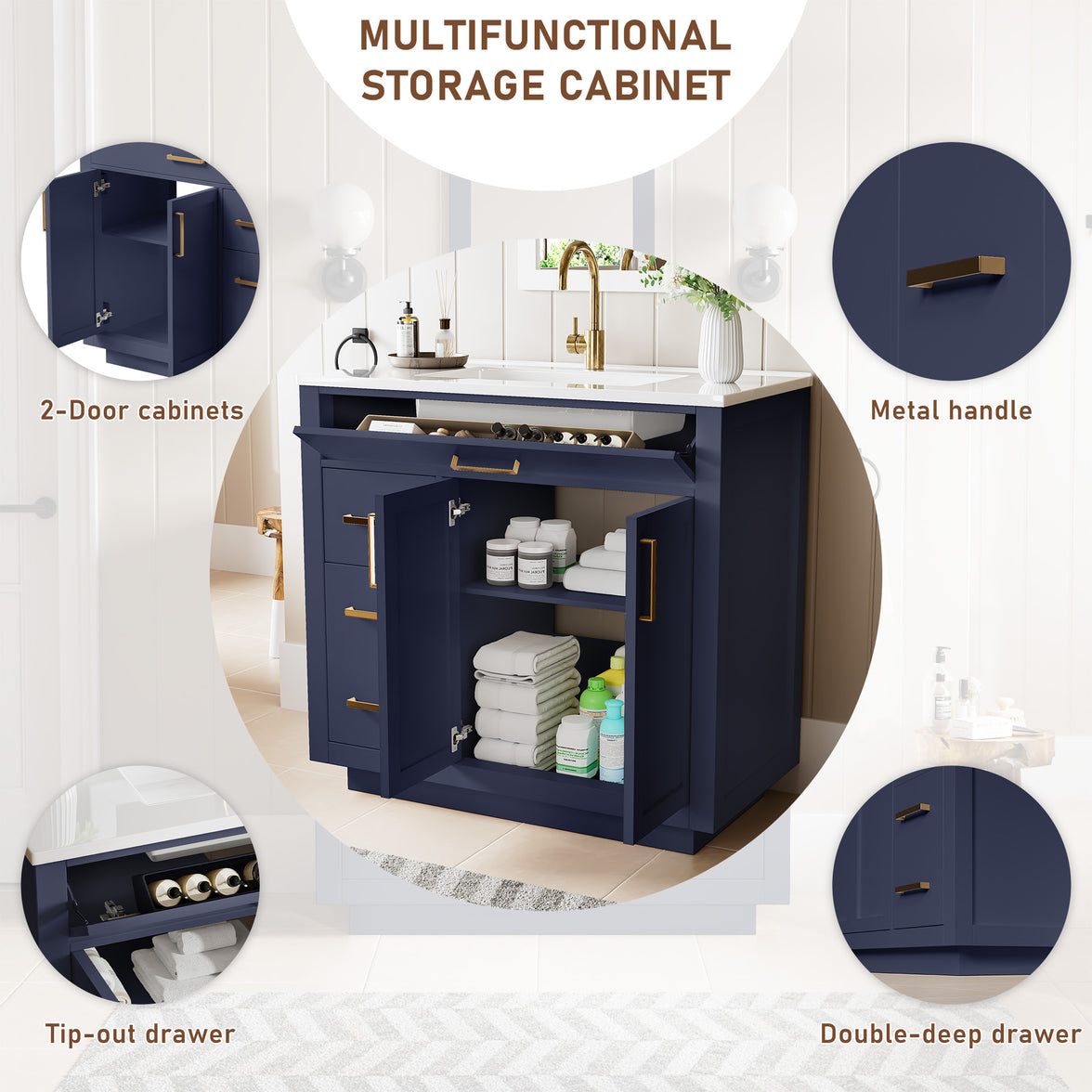 Madison 36" Freestanding Bathroom Vanity with White Ceramic Top, Soft-Close Drawers and Tip-Out Storage