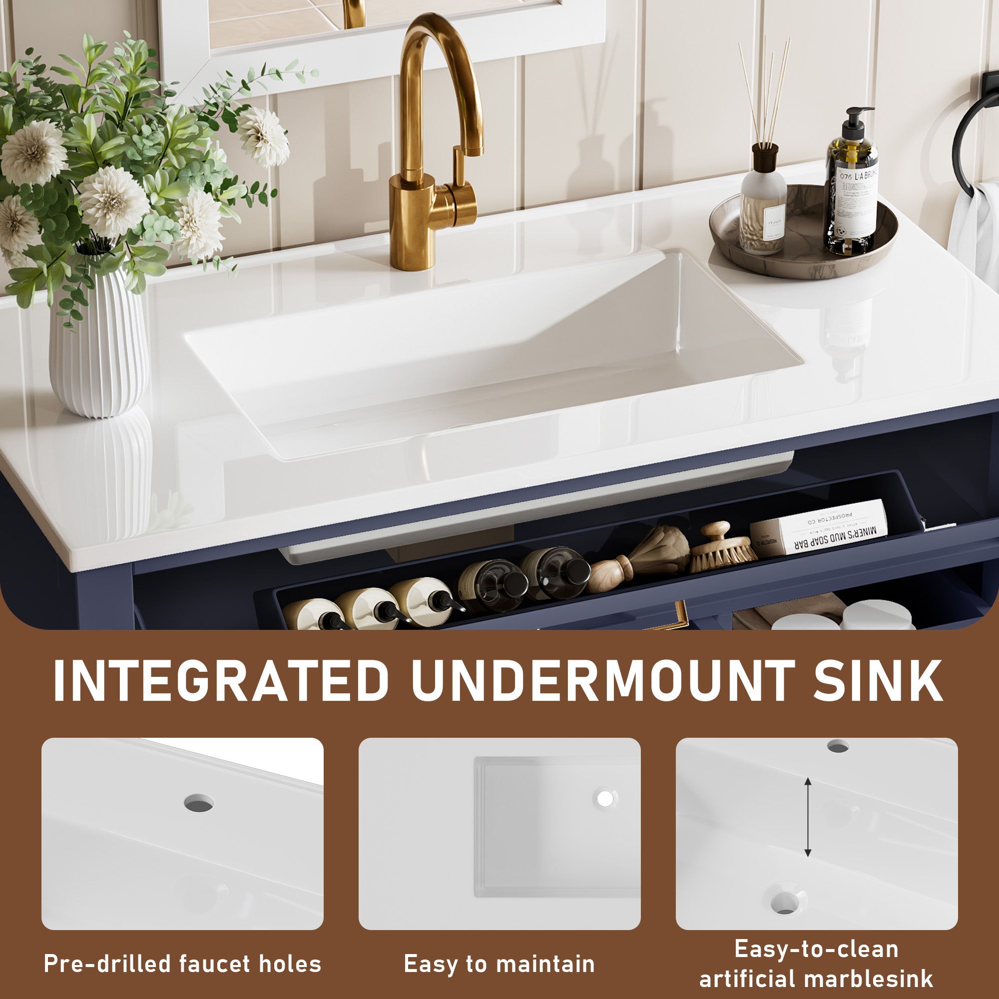 Madison 36" Freestanding Bathroom Vanity with White Ceramic Top, Soft-Close Drawers and Tip-Out Storage