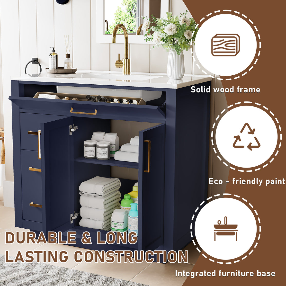 Madison 36" Freestanding Bathroom Vanity with White Ceramic Top, Soft-Close Drawers and Tip-Out Storage
