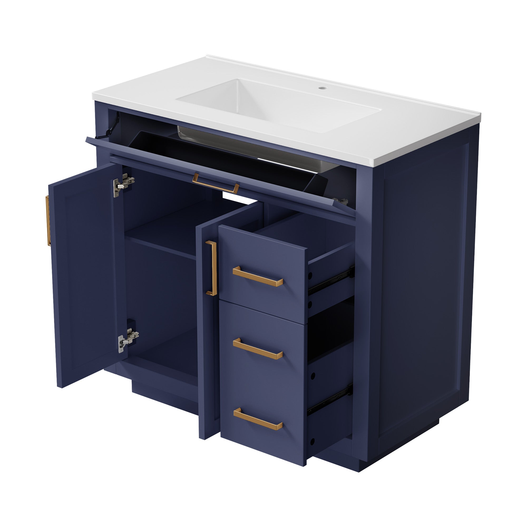 Madison 36" Freestanding Bathroom Vanity with White Ceramic Top, Soft-Close Drawers and Tip-Out Storage