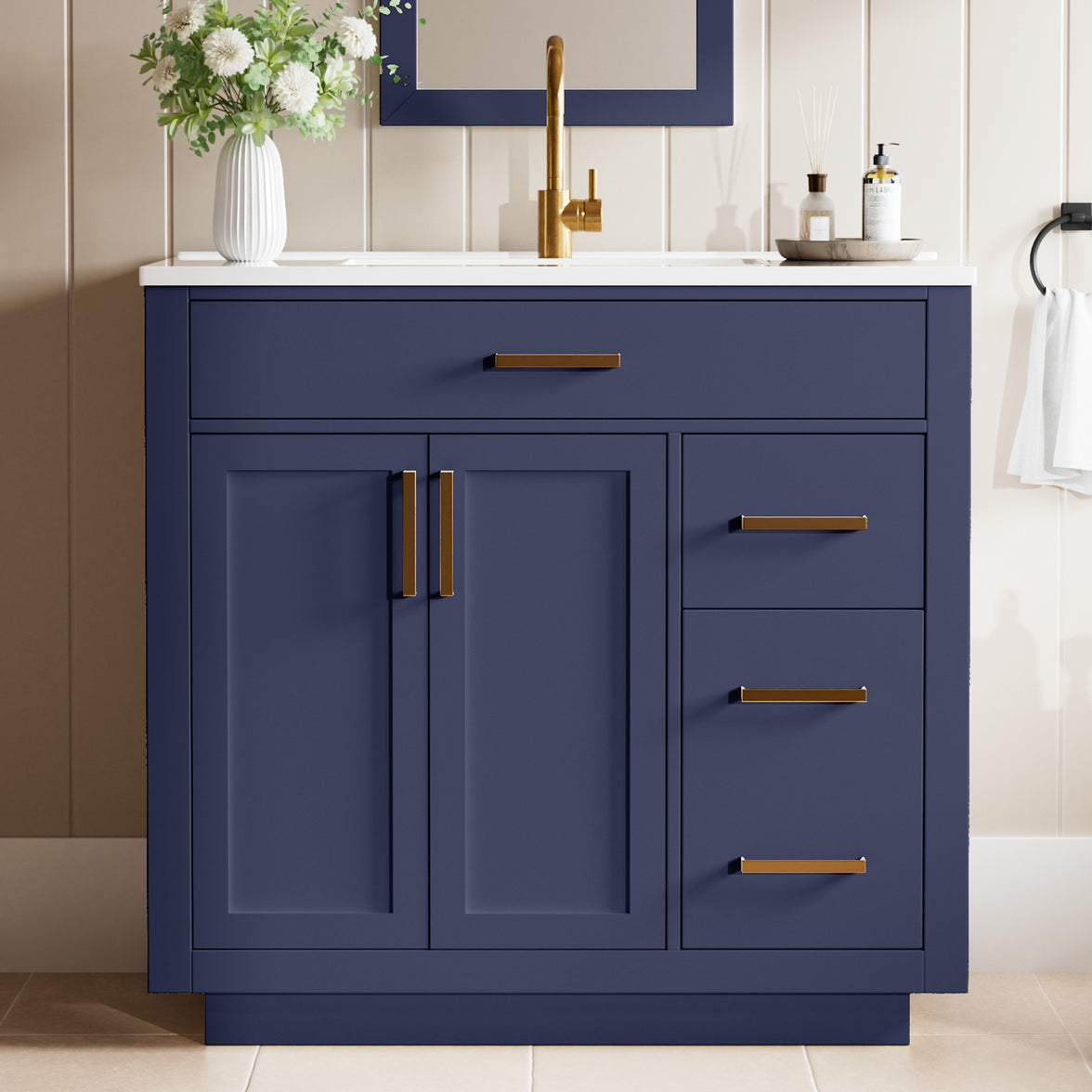 Madison 36" Freestanding Bathroom Vanity with White Ceramic Top, Soft-Close Drawers and Tip-Out Storage