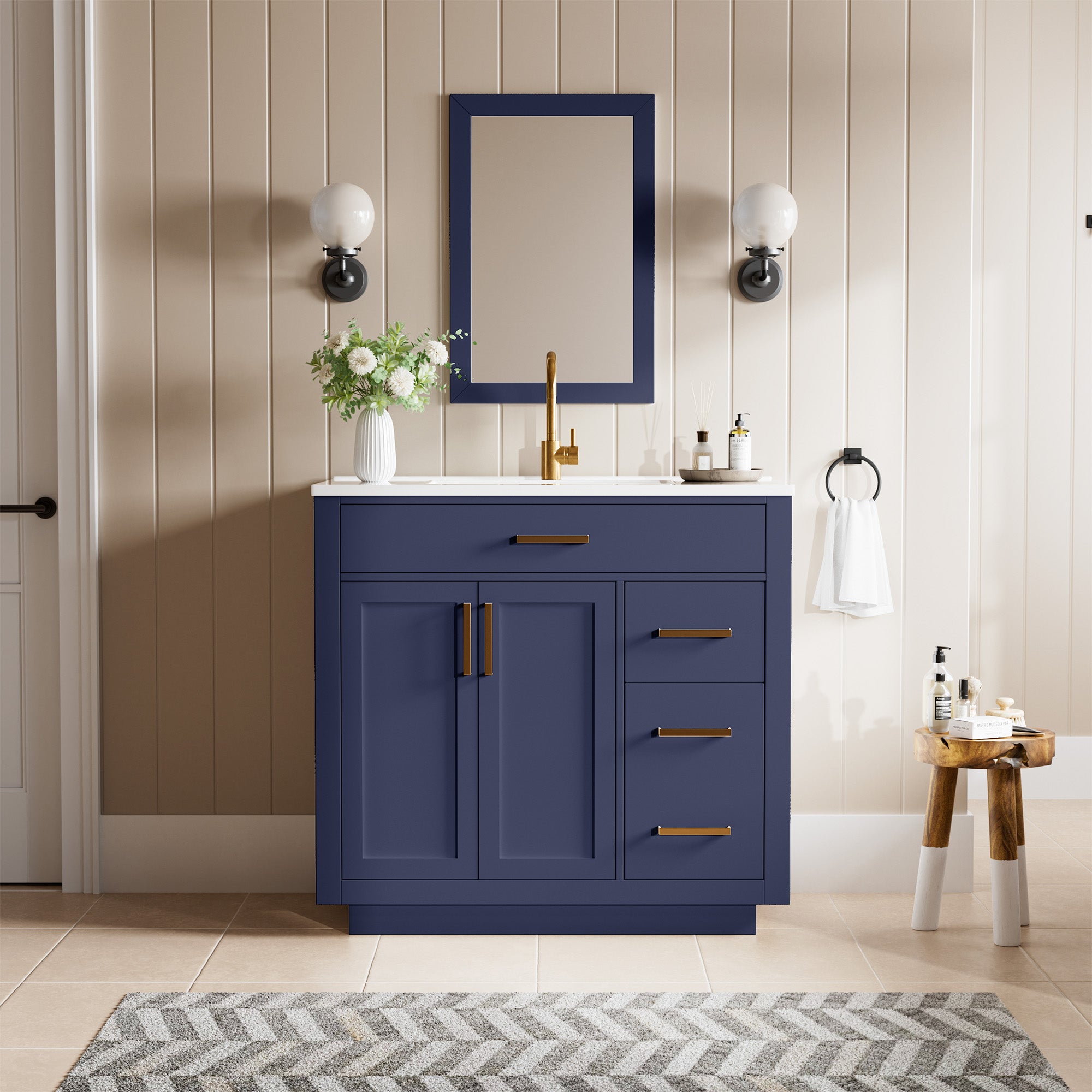 Madison 36" Freestanding Bathroom Vanity with White Ceramic Top, Soft-Close Drawers and Tip-Out Storage