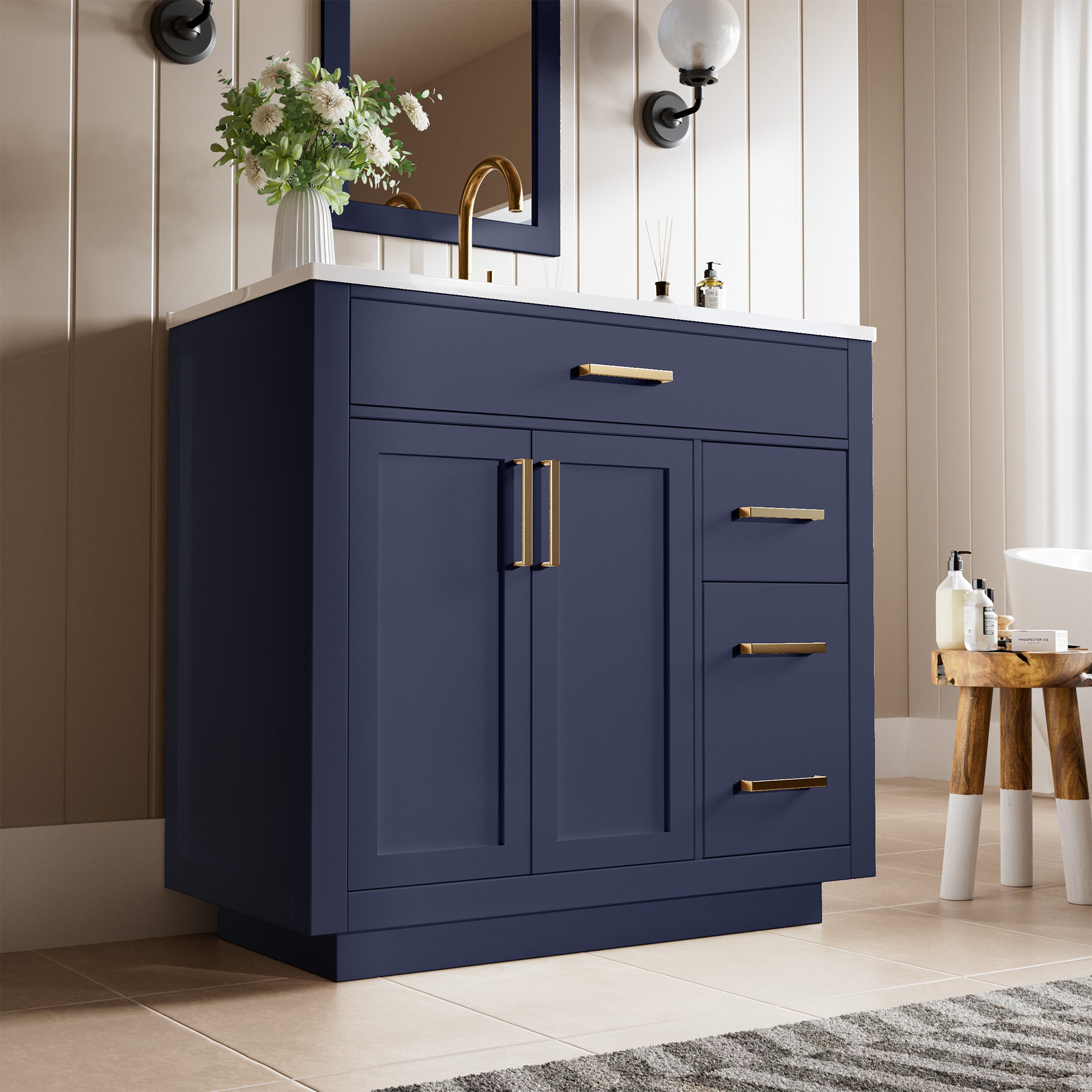 Madison 36" Freestanding Bathroom Vanity with White Ceramic Top, Soft-Close Drawers and Tip-Out Storage