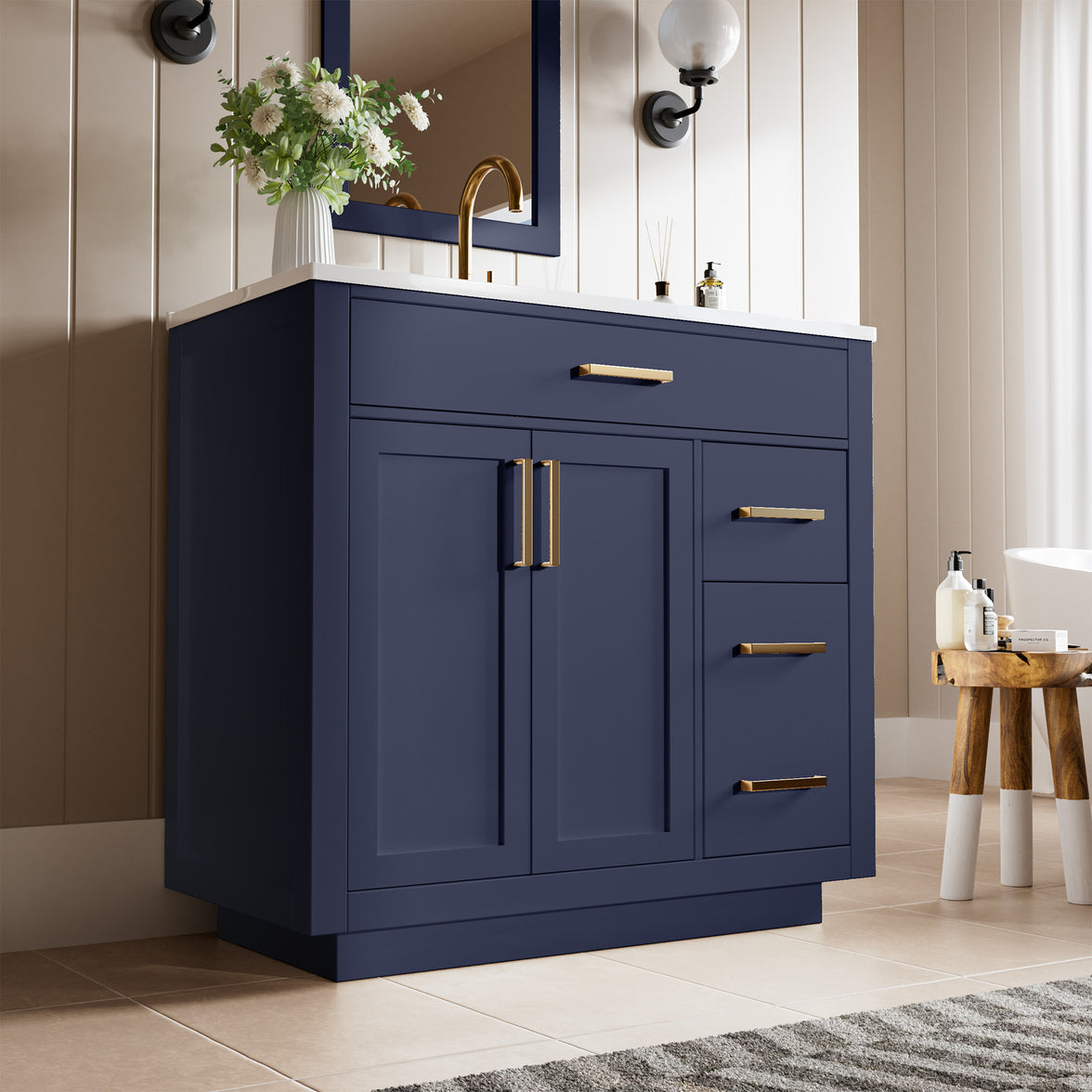 Madison 36" Freestanding Bathroom Vanity with White Ceramic Top, Soft-Close Drawers and Tip-Out Storage