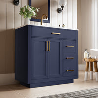 Madison 36" Freestanding Bathroom Vanity with White Ceramic Top, Soft-Close Drawers and Tip-Out Storage