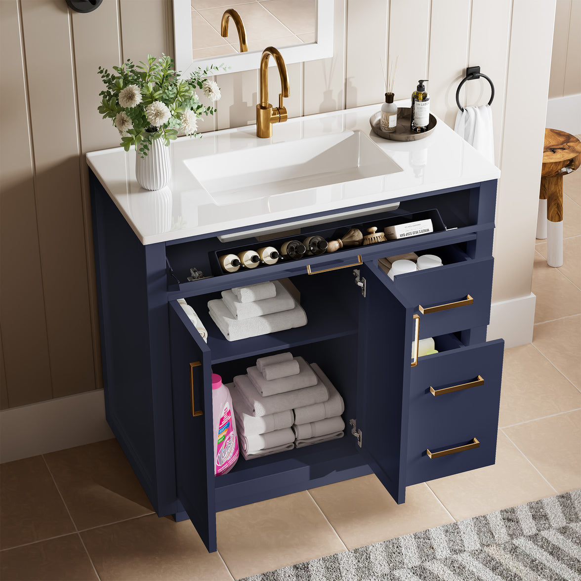 Madison 36" Freestanding Bathroom Vanity with White Ceramic Top, Soft-Close Drawers and Tip-Out Storage