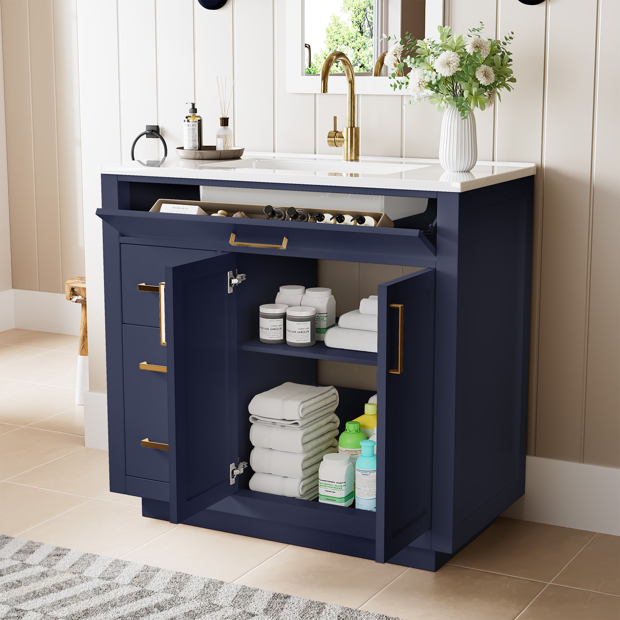 Madison 36" Freestanding Bathroom Vanity with White Ceramic Top, Soft-Close Drawers and Tip-Out Storage
