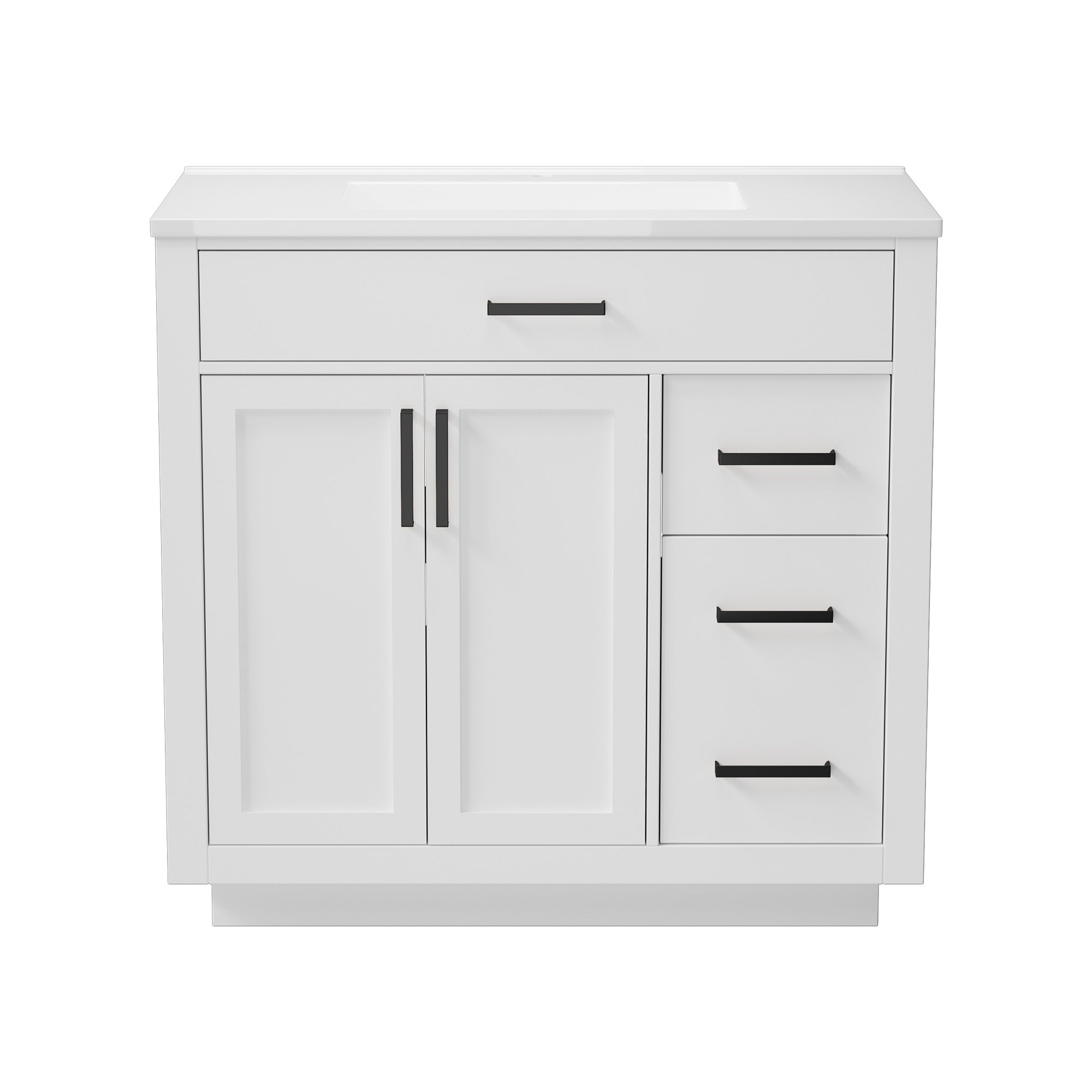 Madison 36" Freestanding Bathroom Vanity with White Ceramic Top, Soft-Close Drawers and Tip-Out Storage