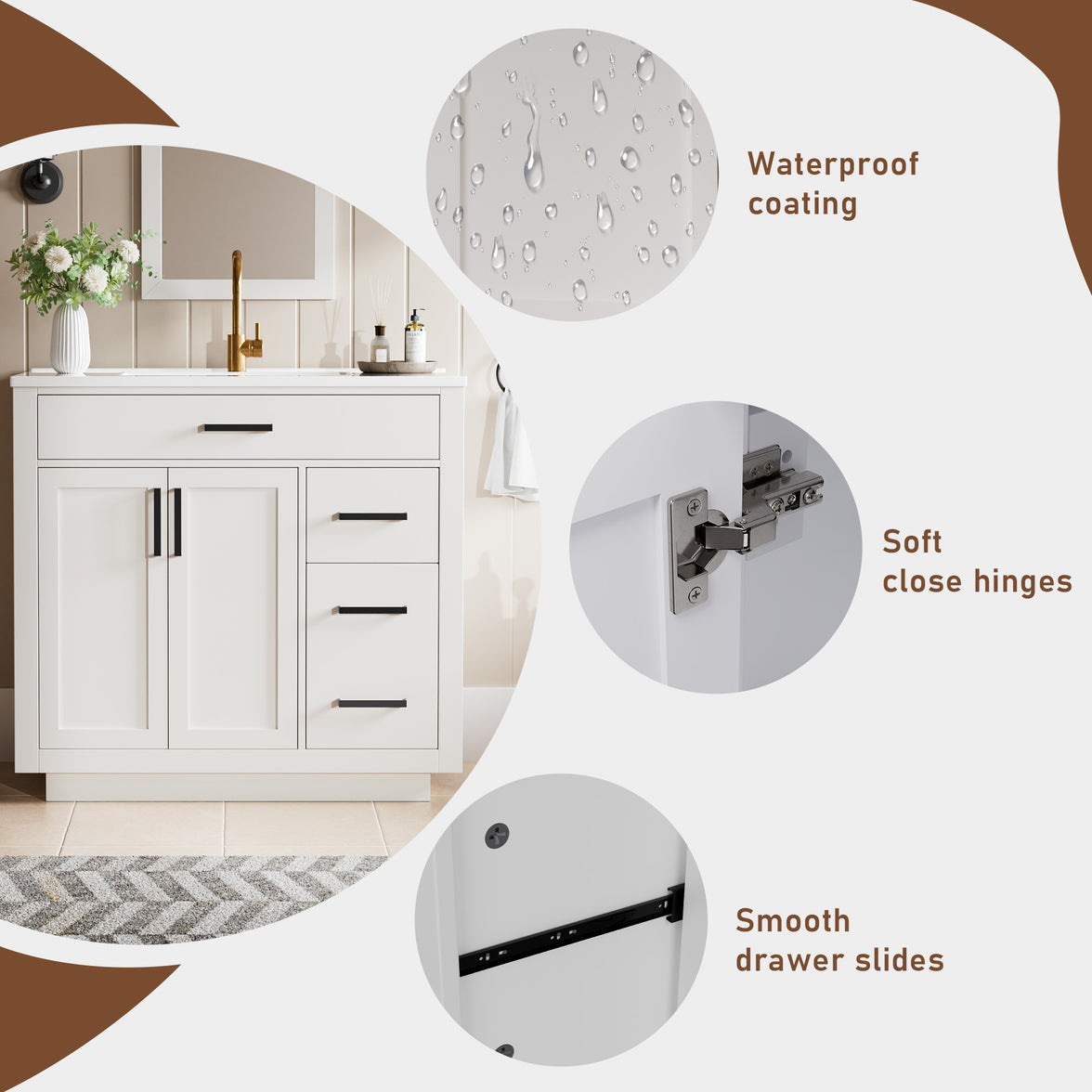 Madison 36" Freestanding Bathroom Vanity with White Ceramic Top, Soft-Close Drawers and Tip-Out Storage