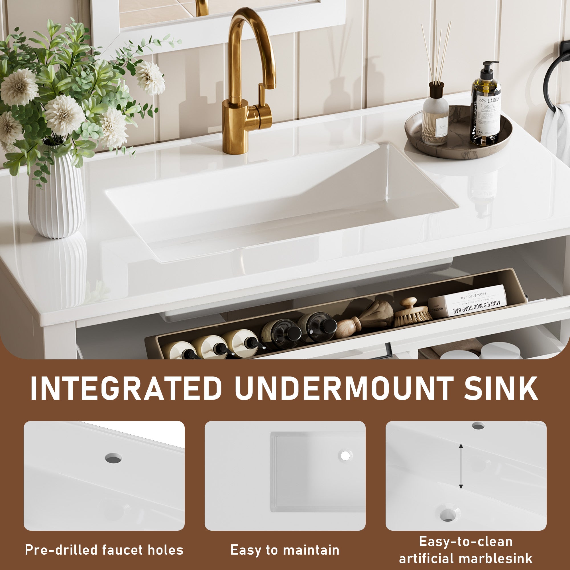 Madison 36" Freestanding Bathroom Vanity with White Ceramic Top, Soft-Close Drawers and Tip-Out Storage