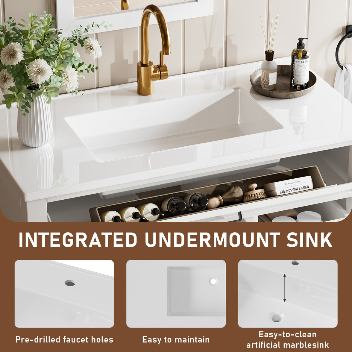Madison 36" Freestanding Bathroom Vanity with White Ceramic Top, Soft-Close Drawers and Tip-Out Storage