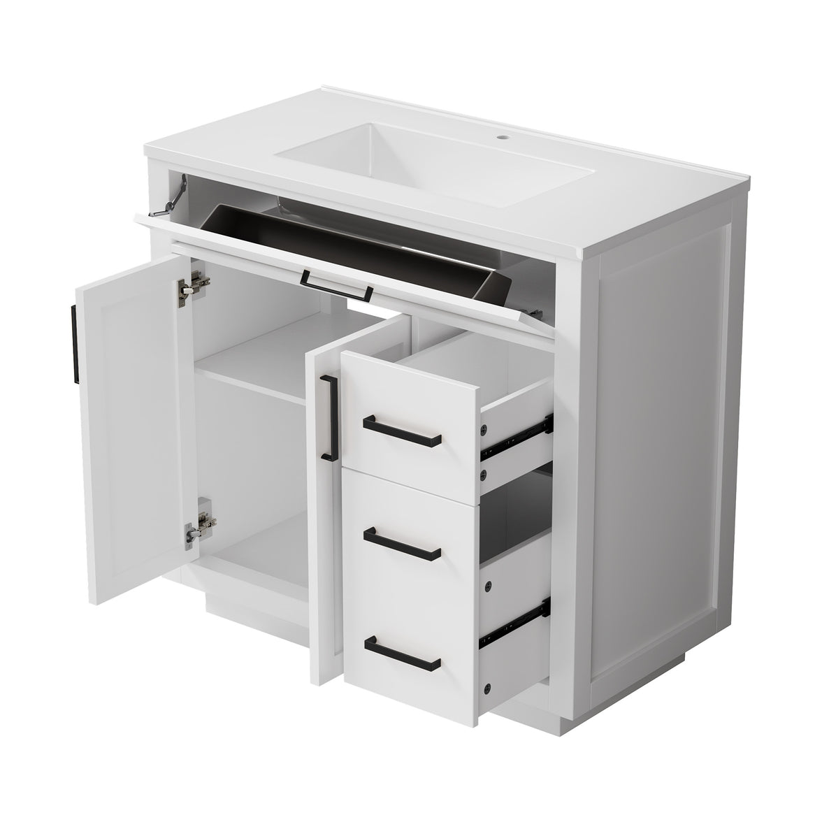 Madison 36" Freestanding Bathroom Vanity with White Ceramic Top, Soft-Close Drawers and Tip-Out Storage