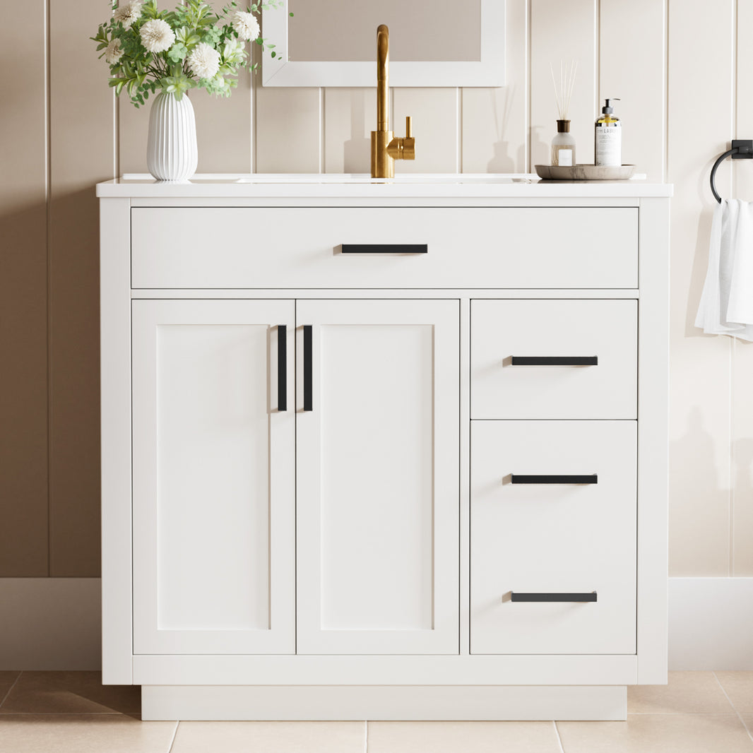 Madison 36" Freestanding Bathroom Vanity with White Ceramic Top, Soft-Close Drawers and Tip-Out Storage